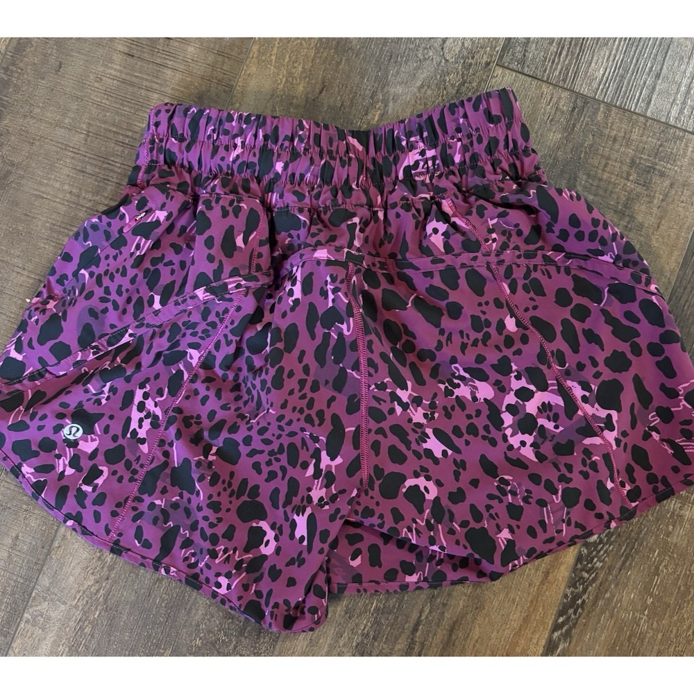 Lululemon Track That High-Rise Lined Short Purpl Black Leopard Camo LW7BOLS Sz 4